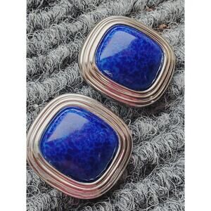 Christian Dior Silver Tone Faux Lapis Clip on Earrings 1"